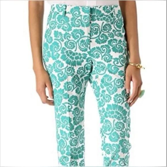 Tory Burch Walton Ankle Pants Teal Green Paisley Size 10 Cotton - Picture 2 of 9